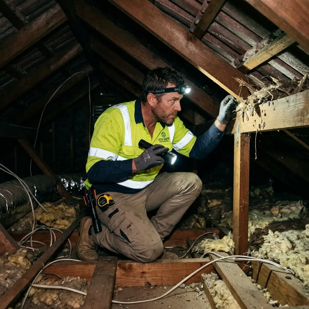 Technician inspecting a Brown Hill roof cavity for a dead possum